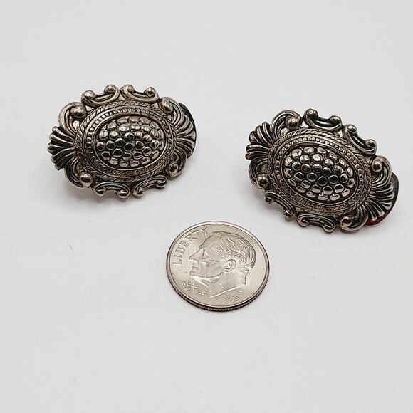 Vintage Ornate Silver Tone Clip On Earrings, 1 1/8 Inch - Picture 10 of 10